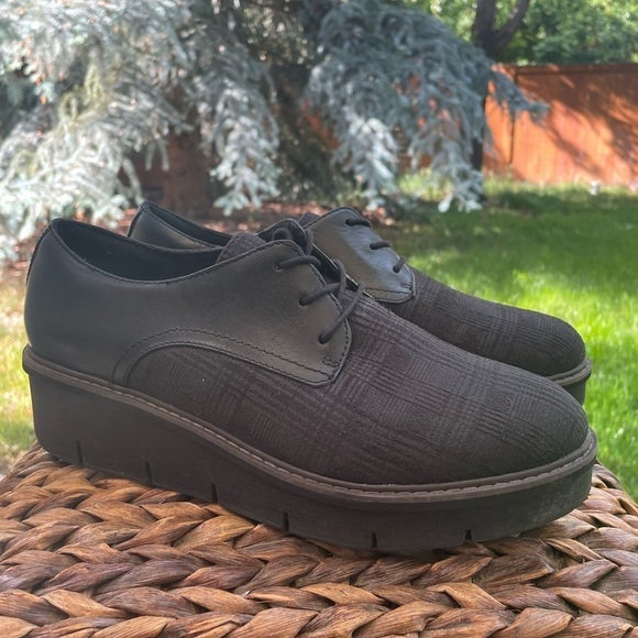 Clarks Airabell Tye Black Leather & Plaid Brogue Style Platform Oxford Size 11 - Picture 1 of 9
